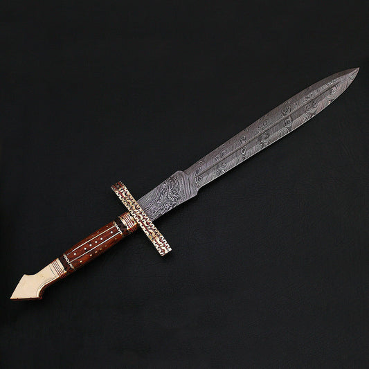 CUSTOM HANDMADE DAMASCUS SWORD WITH LEATHER SHEATH