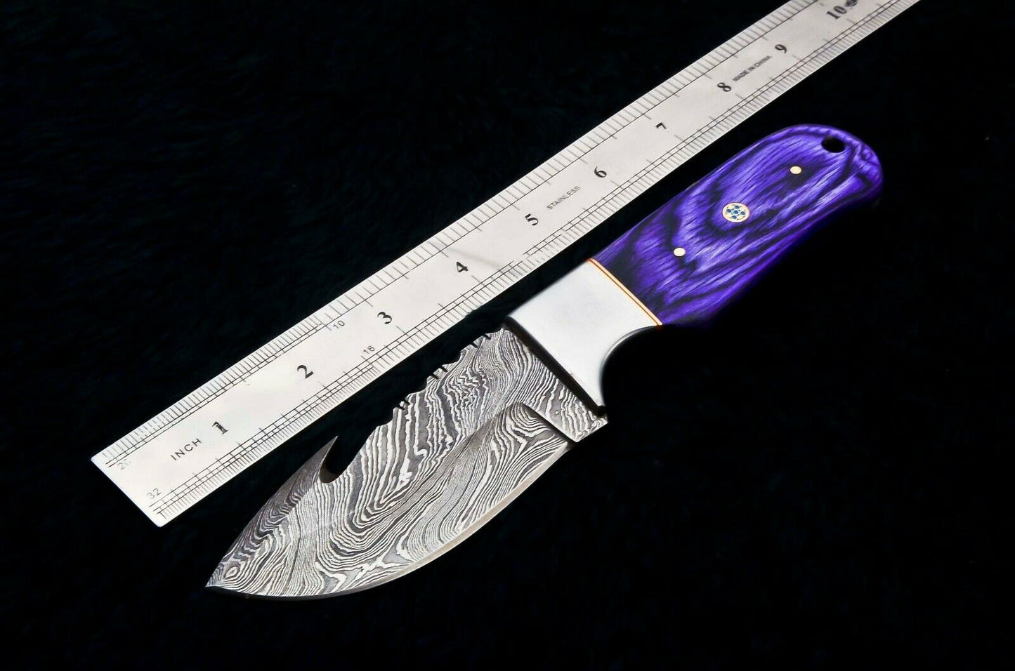 CUSTOM HANDMADE DAMASCUS GUTHOOK KNIFE HANDLE MATERIAL DOLLAR SHEET, STEEL BOLSTER, MOSAIC PIN