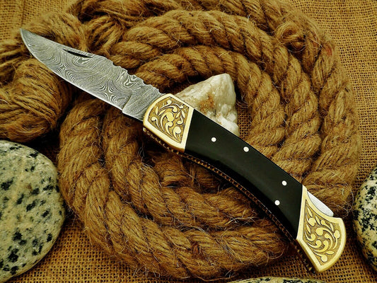 CUSTOM HANDMADE DAMASCUS FOLDING KNIFE WITH LEATHER SHEATH