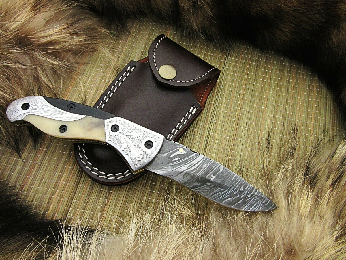 CUSTOM HANDMADE DAMASCUS POCKET KNIFE WITH LEATHER SHEATH