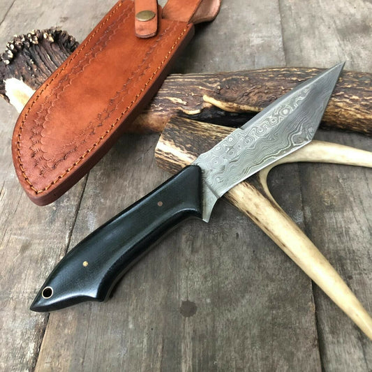Custom Handmade Damascus Hunting Knife with Black Micarta Handle & Leather Sheath