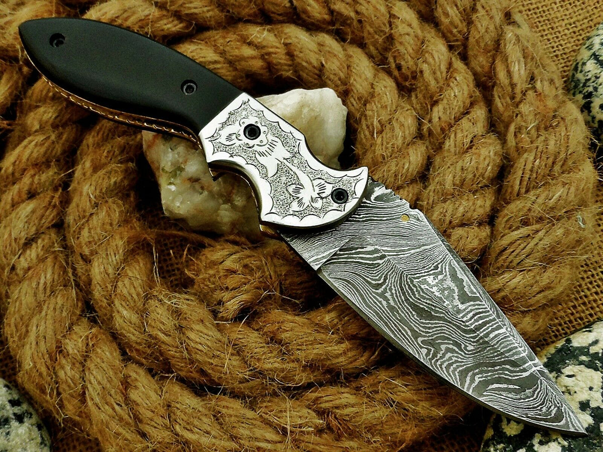 CUSTOM HANDMADE DAMASCUS FOLDING KNIFE WITH LEATHER SHEATH