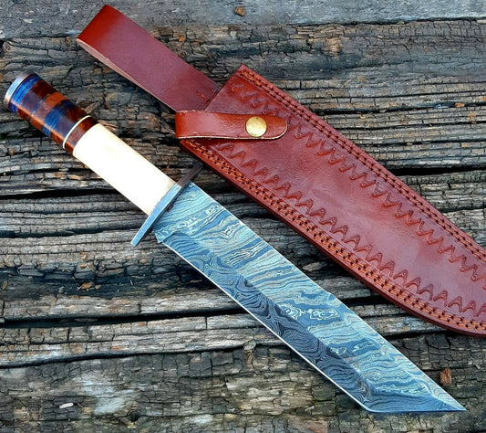 |NB KNIVES| CUSTOM HANDMADE DAMASCUS STEEL TANTO BLADE KNIFE WITH LEATHER SHEATH