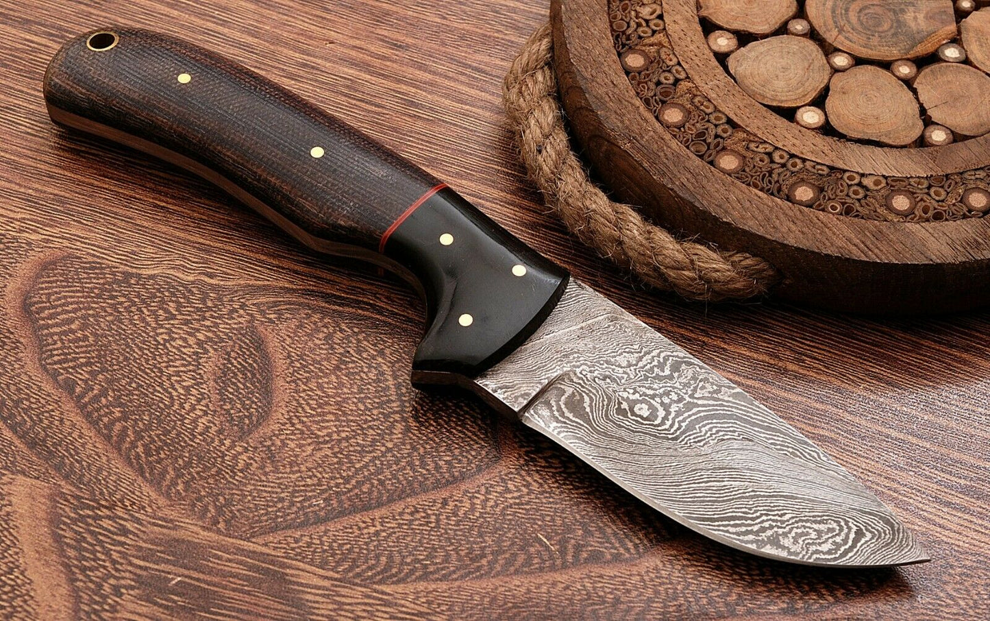 Handmade Damascus Steel Skinner Knife – Micarta Handle with Leather Sheath