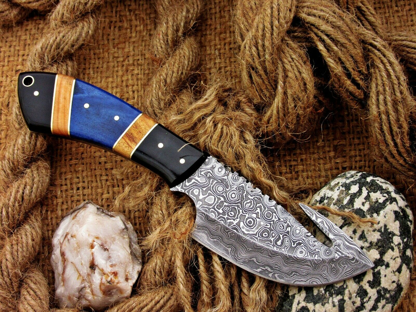 |NB KNIVES| CUSTOM HANDMADE DAMASCUS GUTHOOK HUNTING KNIFE Handle Material , horn ,olivewood,colored bone