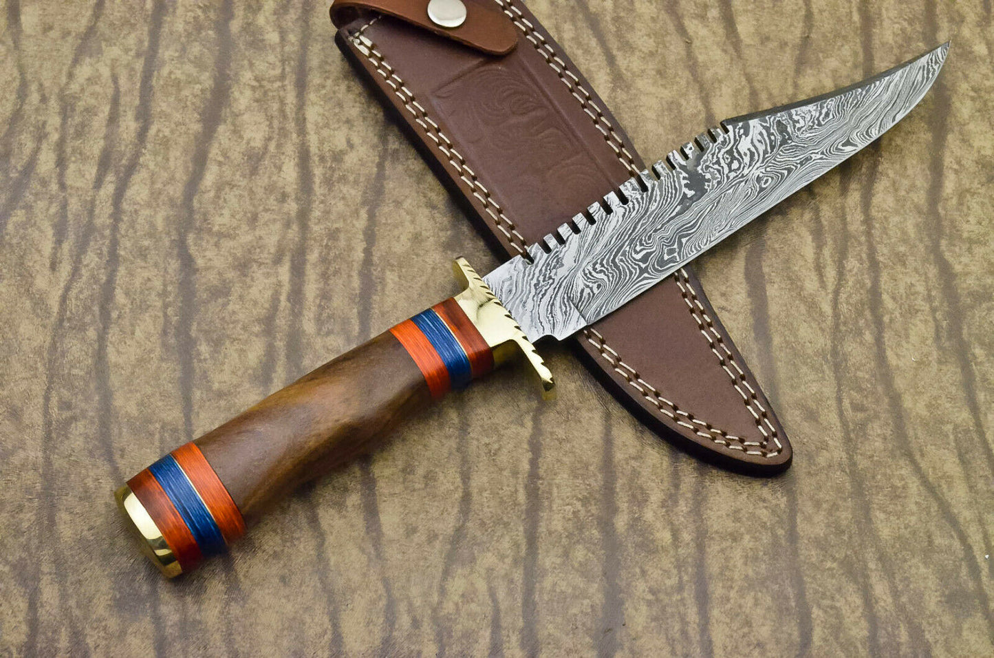 CUSTOM HANDMADE DAMASCUS STEEL HUNTING BOWIE KNIFE - ROSE WOOD