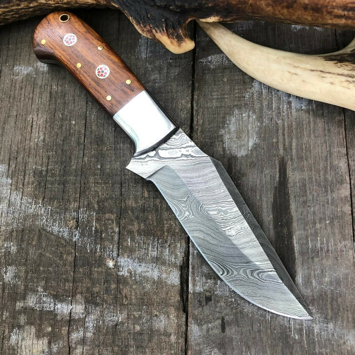 Rosewood Handle Skinner Knife – Hand-Forged Damascus with Steel Guard