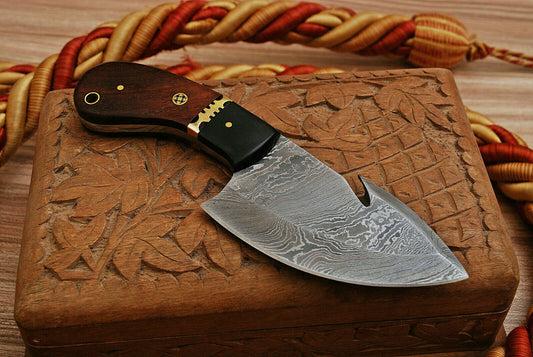 Damascus Steel Guthook Skinner Knife with Rosewood Handle and Pakka Wood Bolster