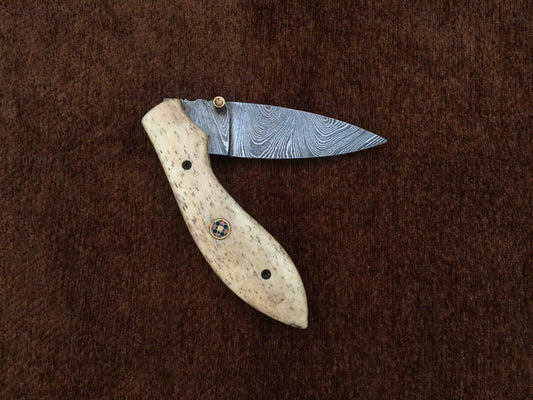 CUSTOM HANDMADE DAMASCUS POCKET KNIFE WITH LEATHER SHEATH