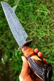 CUSTOM HANDMADE DAMASCUS HUNTING KNIFE WITH LEATHER SHEATH