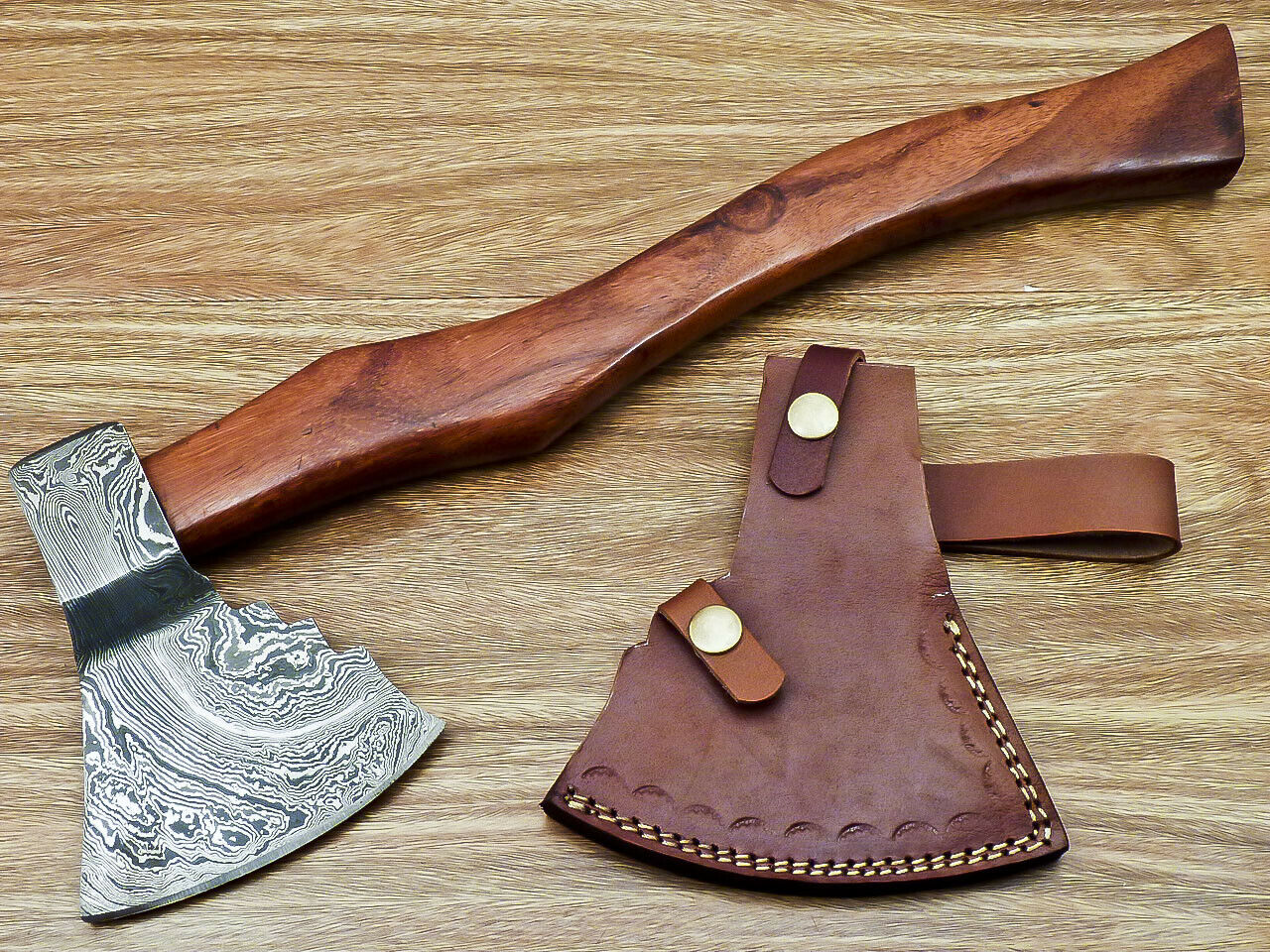 Custom Handmade Damascus Steel Axe Handle Rosewood With Beautiful Leather Sheath Heavy-duty Camping Hatchet High-quality Camping Axe