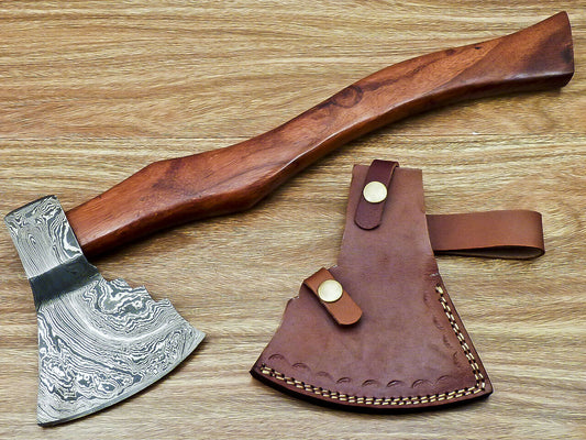 Custom Handmade Damascus Steel Axe Handle Rosewood With Beautiful Leather Sheath Heavy-duty Camping Hatchet High-quality Camping Axe