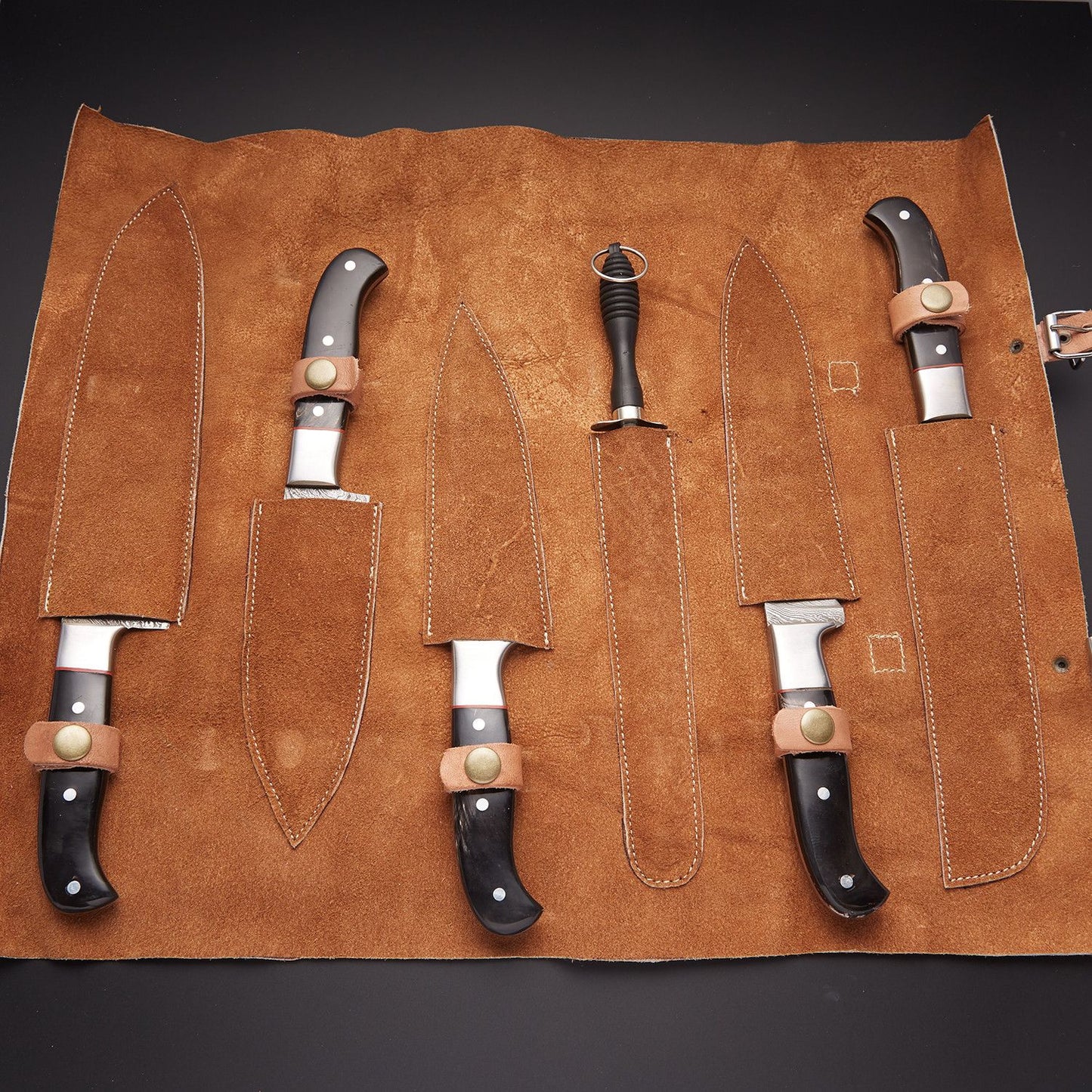 6 PCS DAMASCUS CHEF/KITCHEN KNIFE + LEATHER ROLL KIT