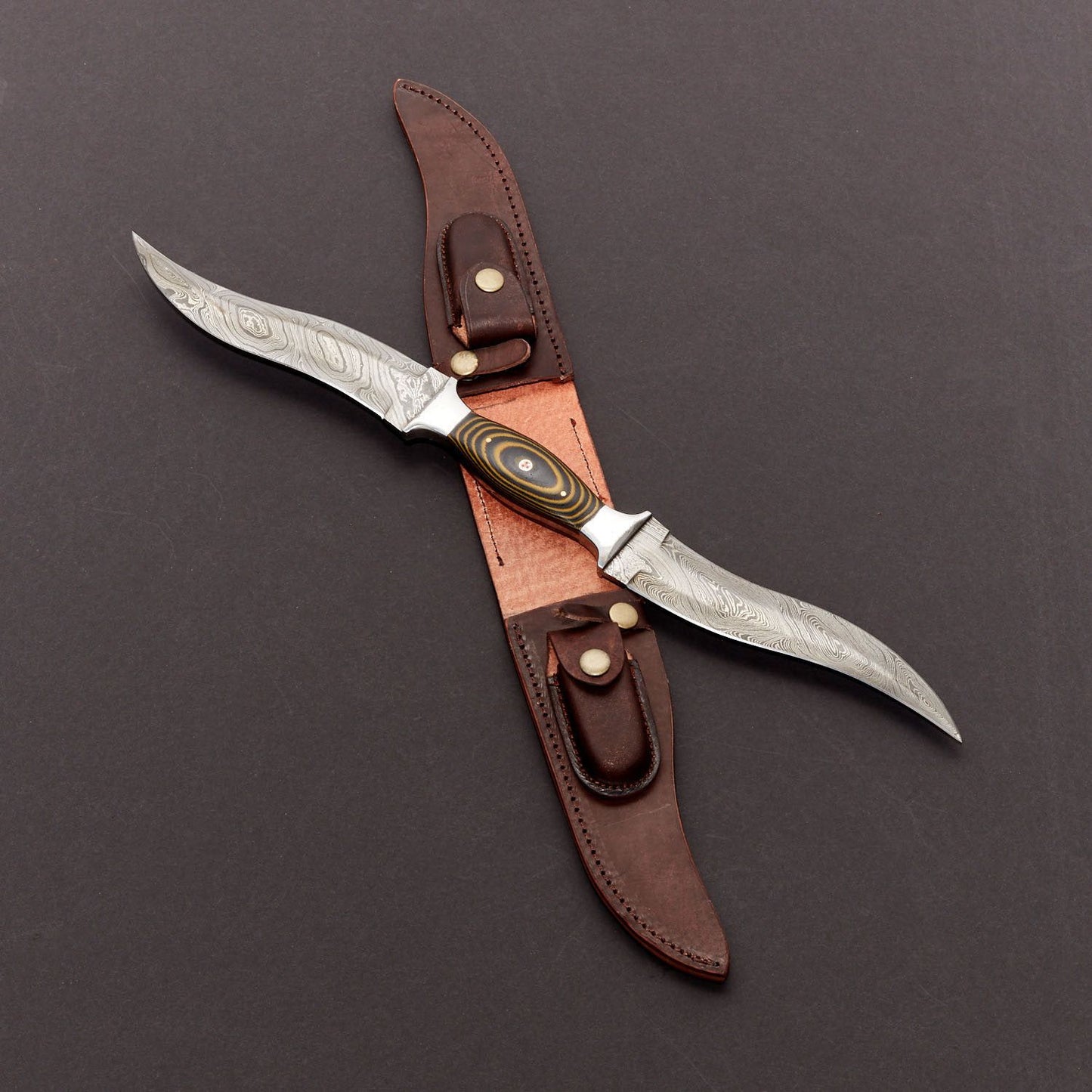 CUSTOM MADE DAMASCUS STEEL TWO WAY HUNTING KNIFE + POUCH